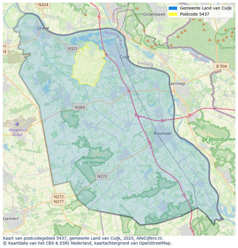 Afbeelding van het postcodegebied 5437 op de kaart.