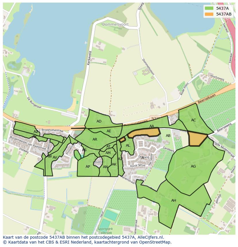 Afbeelding van het postcodegebied 5437 AB op de kaart.