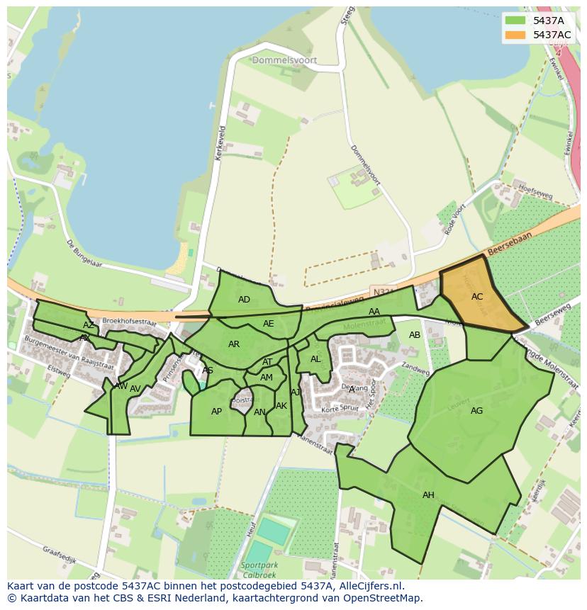 Afbeelding van het postcodegebied 5437 AC op de kaart.