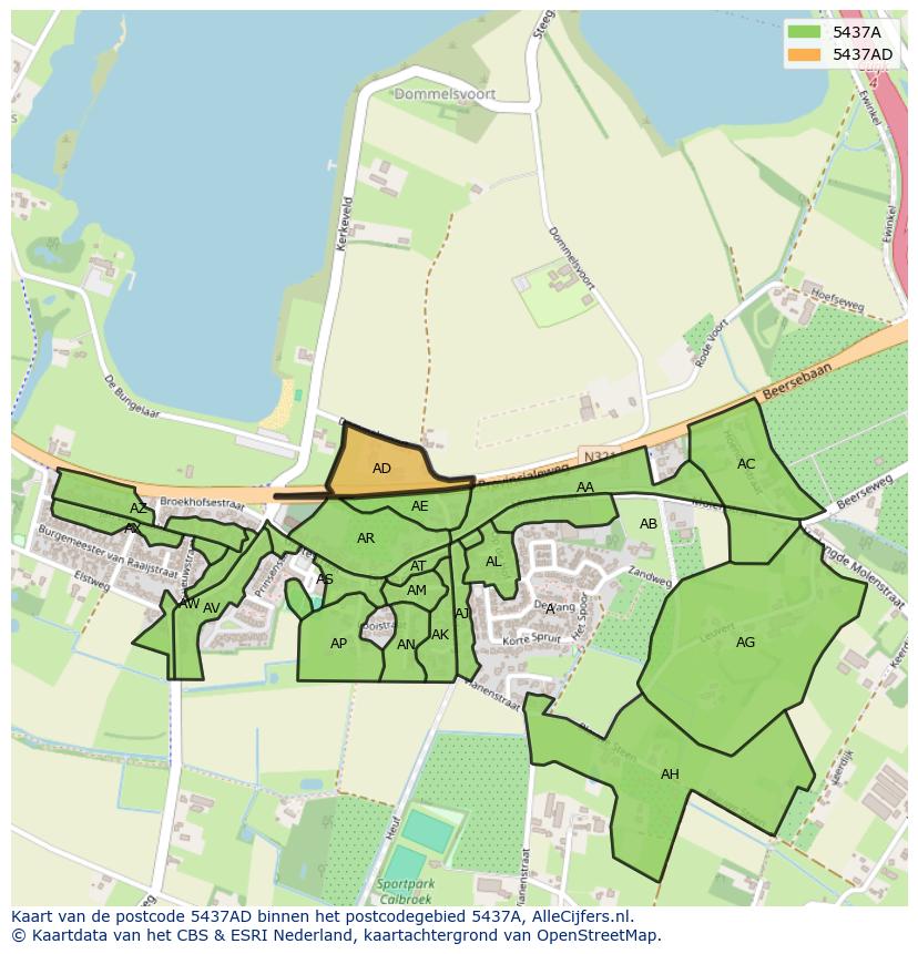 Afbeelding van het postcodegebied 5437 AD op de kaart.