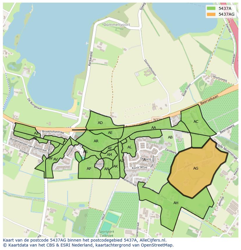 Afbeelding van het postcodegebied 5437 AG op de kaart.