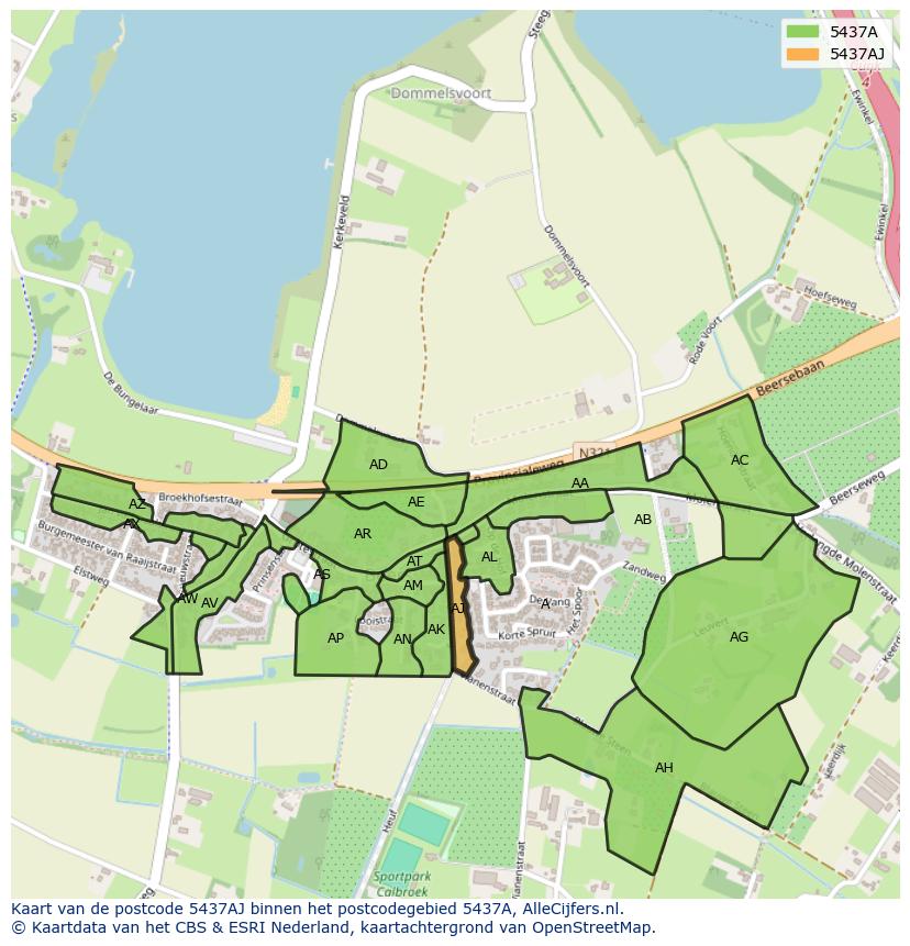 Afbeelding van het postcodegebied 5437 AJ op de kaart.