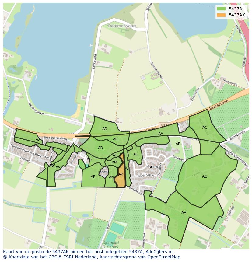 Afbeelding van het postcodegebied 5437 AK op de kaart.