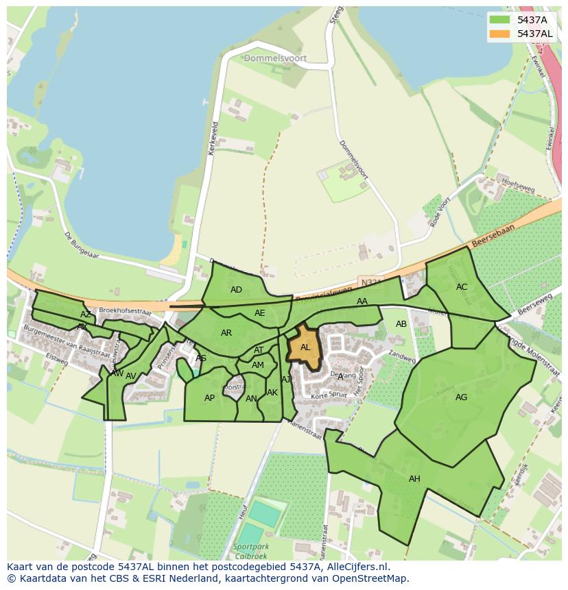 Afbeelding van het postcodegebied 5437 AL op de kaart.