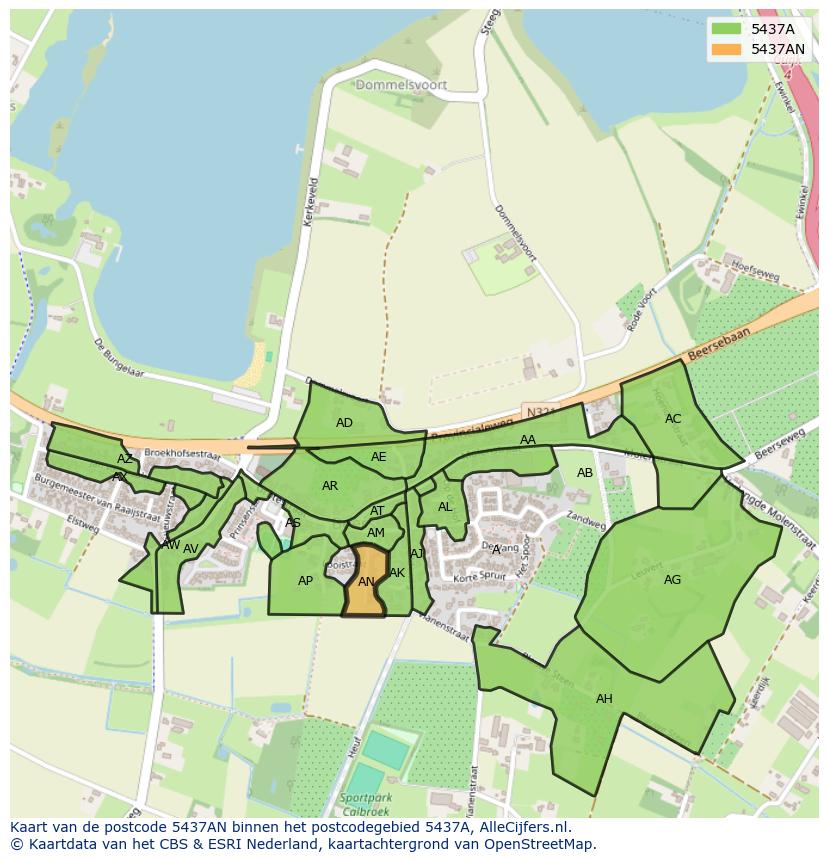 Afbeelding van het postcodegebied 5437 AN op de kaart.
