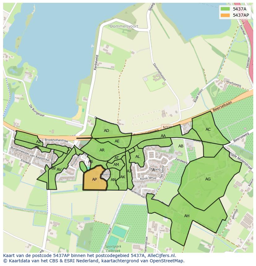 Afbeelding van het postcodegebied 5437 AP op de kaart.