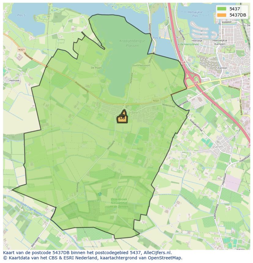 Afbeelding van het postcodegebied 5437 DB op de kaart.