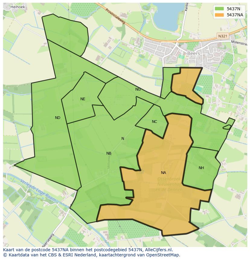 Afbeelding van het postcodegebied 5437 NA op de kaart.