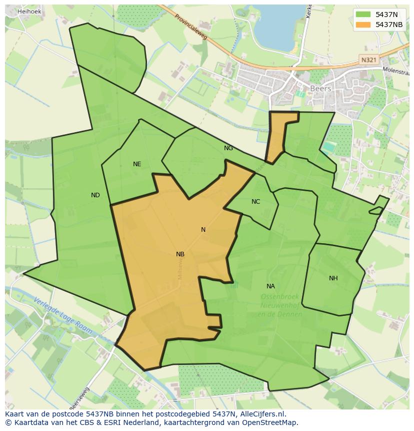 Afbeelding van het postcodegebied 5437 NB op de kaart.