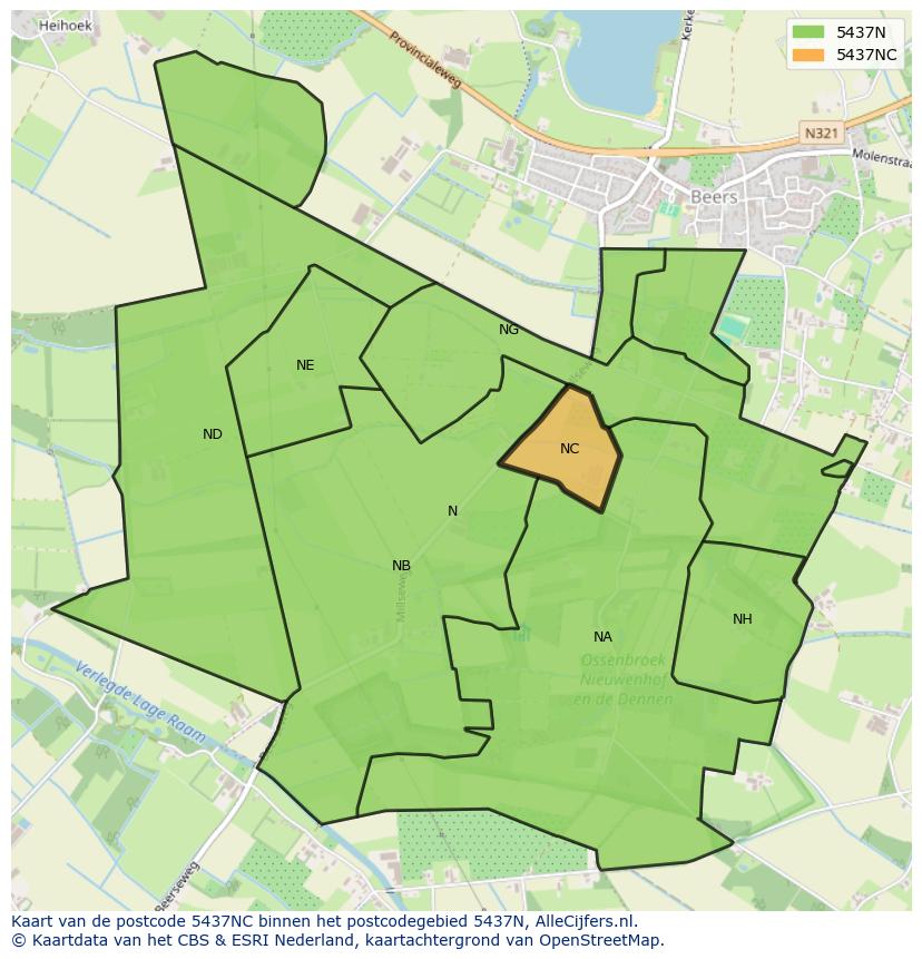 Afbeelding van het postcodegebied 5437 NC op de kaart.