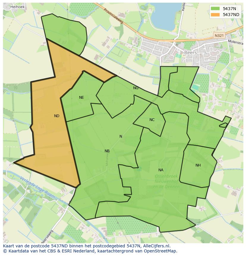 Afbeelding van het postcodegebied 5437 ND op de kaart.