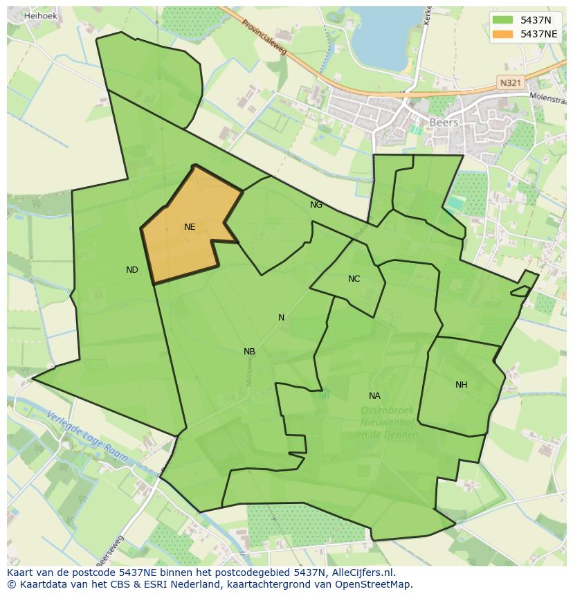 Afbeelding van het postcodegebied 5437 NE op de kaart.