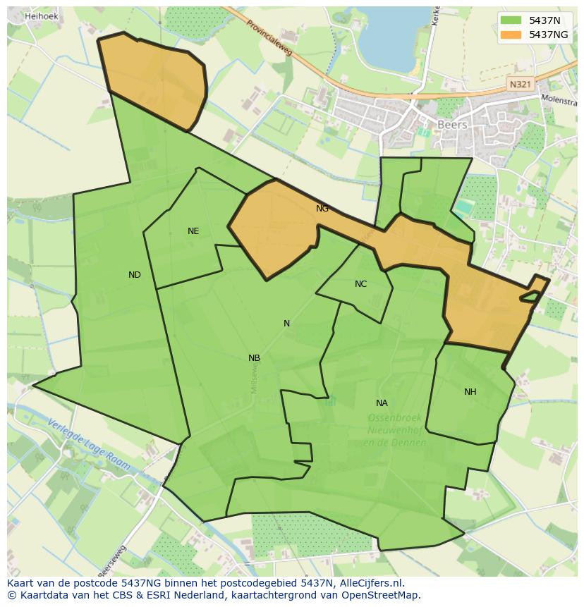 Afbeelding van het postcodegebied 5437 NG op de kaart.