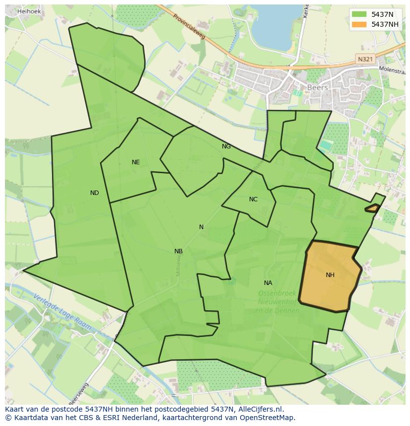 Afbeelding van het postcodegebied 5437 NH op de kaart.