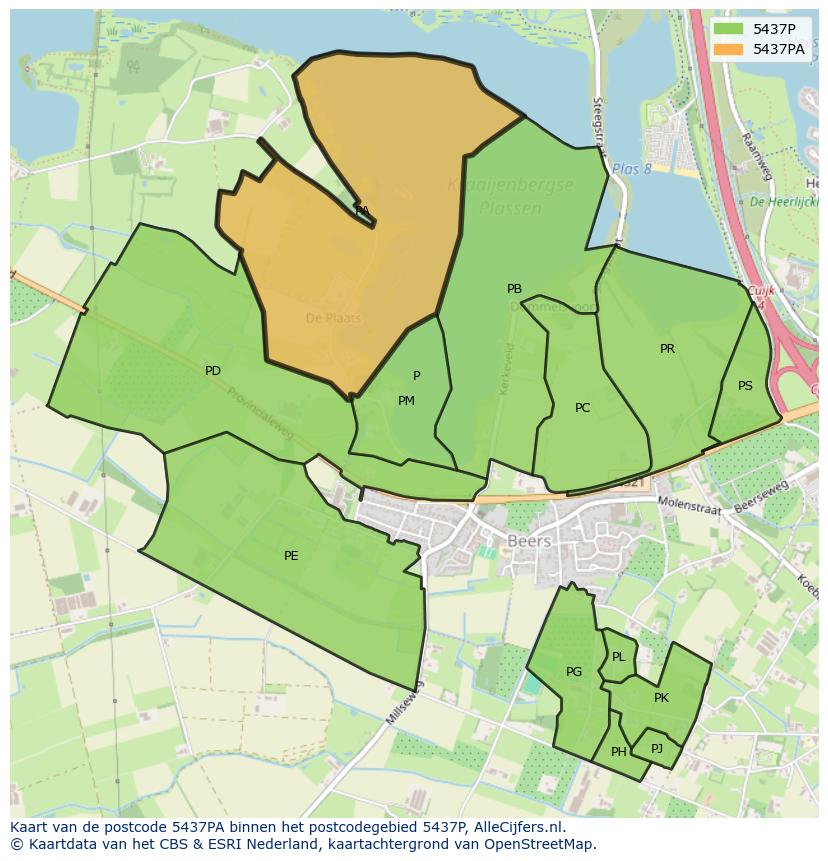Afbeelding van het postcodegebied 5437 PA op de kaart.