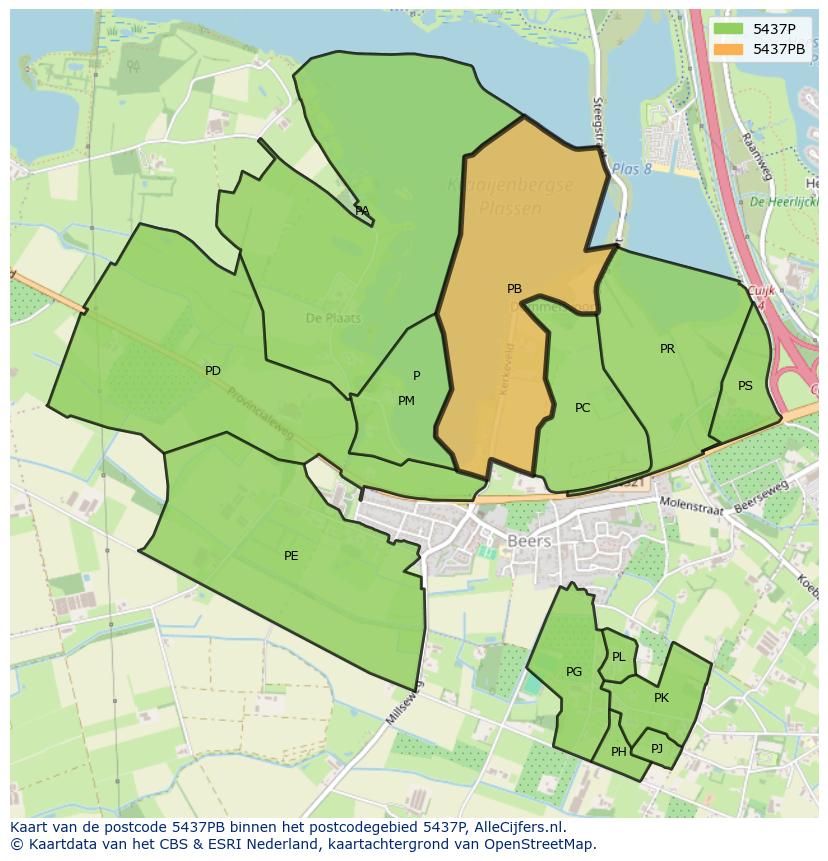 Afbeelding van het postcodegebied 5437 PB op de kaart.