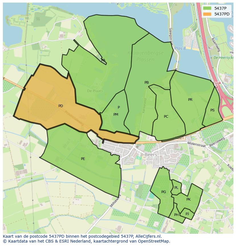 Afbeelding van het postcodegebied 5437 PD op de kaart.