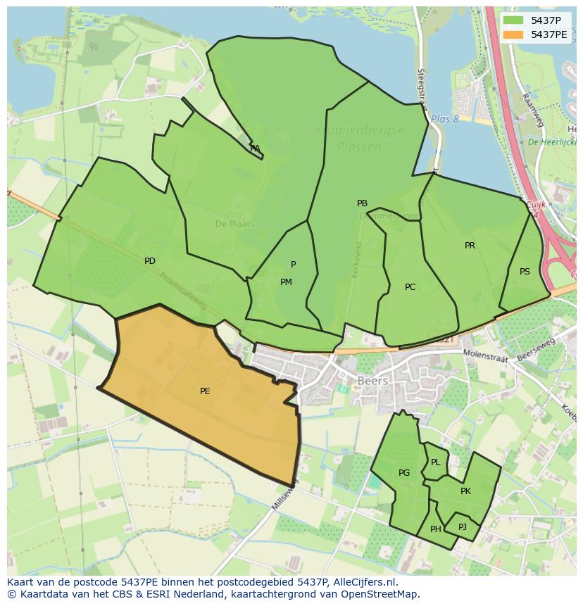Afbeelding van het postcodegebied 5437 PE op de kaart.