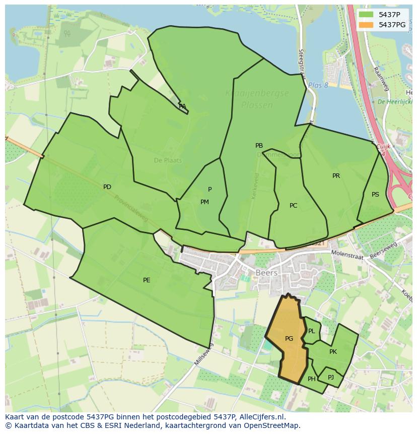 Afbeelding van het postcodegebied 5437 PG op de kaart.