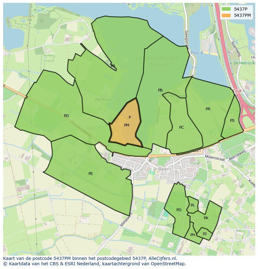 Afbeelding van het postcodegebied 5437 PM op de kaart.