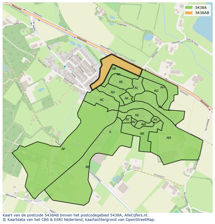 Afbeelding van het postcodegebied 5438 AB op de kaart.