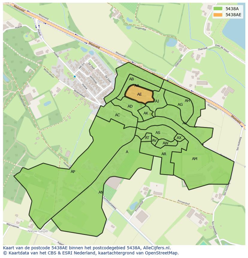 Afbeelding van het postcodegebied 5438 AE op de kaart.