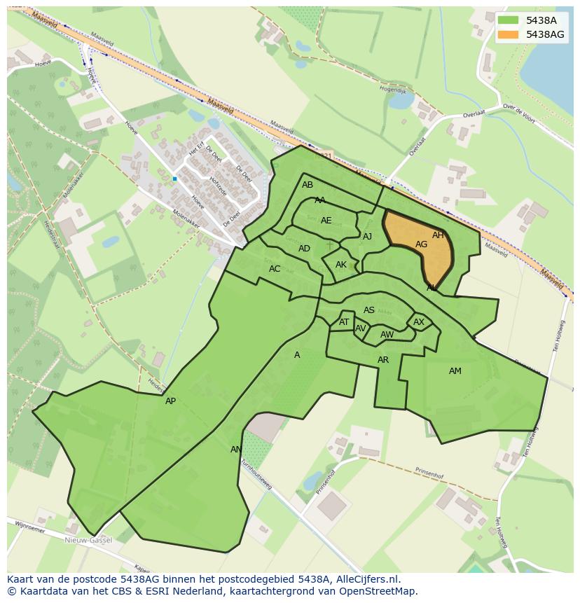 Afbeelding van het postcodegebied 5438 AG op de kaart.
