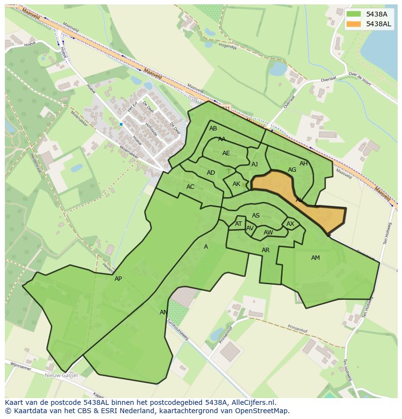 Afbeelding van het postcodegebied 5438 AL op de kaart.
