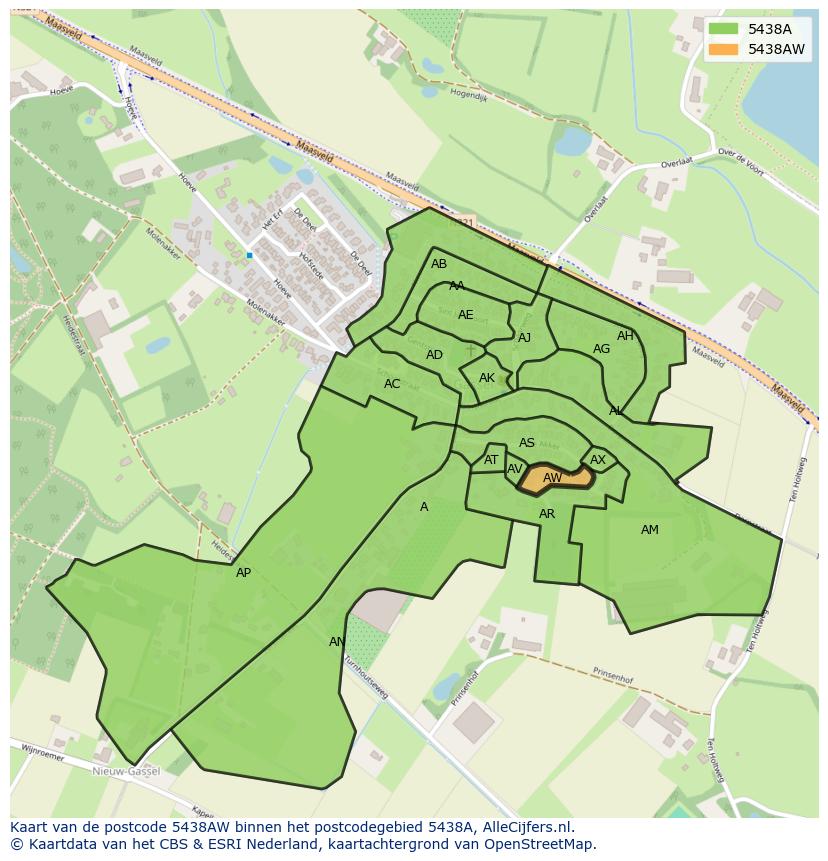 Afbeelding van het postcodegebied 5438 AW op de kaart.