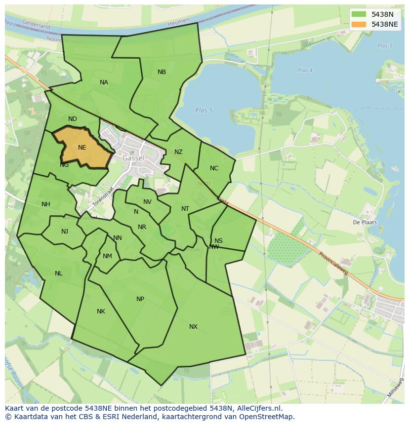 Afbeelding van het postcodegebied 5438 NE op de kaart.