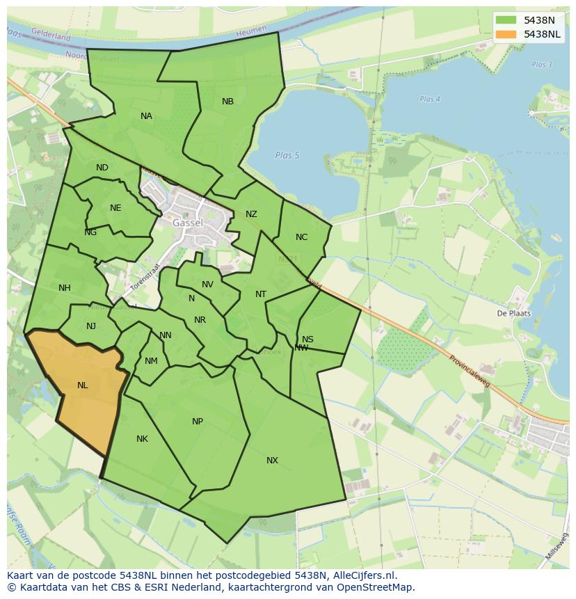 Afbeelding van het postcodegebied 5438 NL op de kaart.
