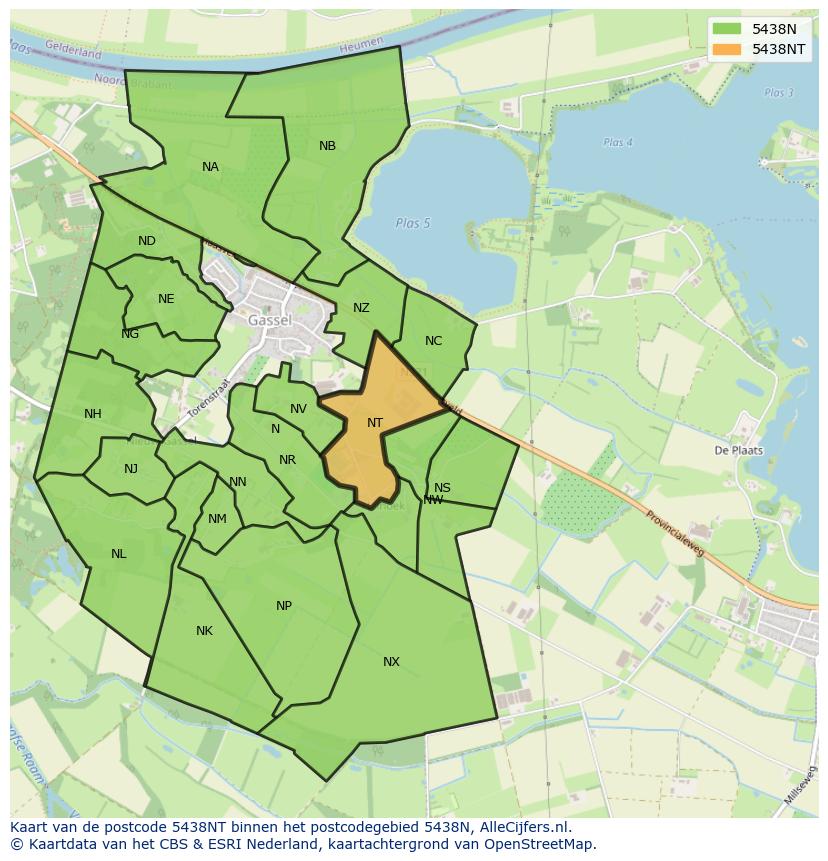 Afbeelding van het postcodegebied 5438 NT op de kaart.