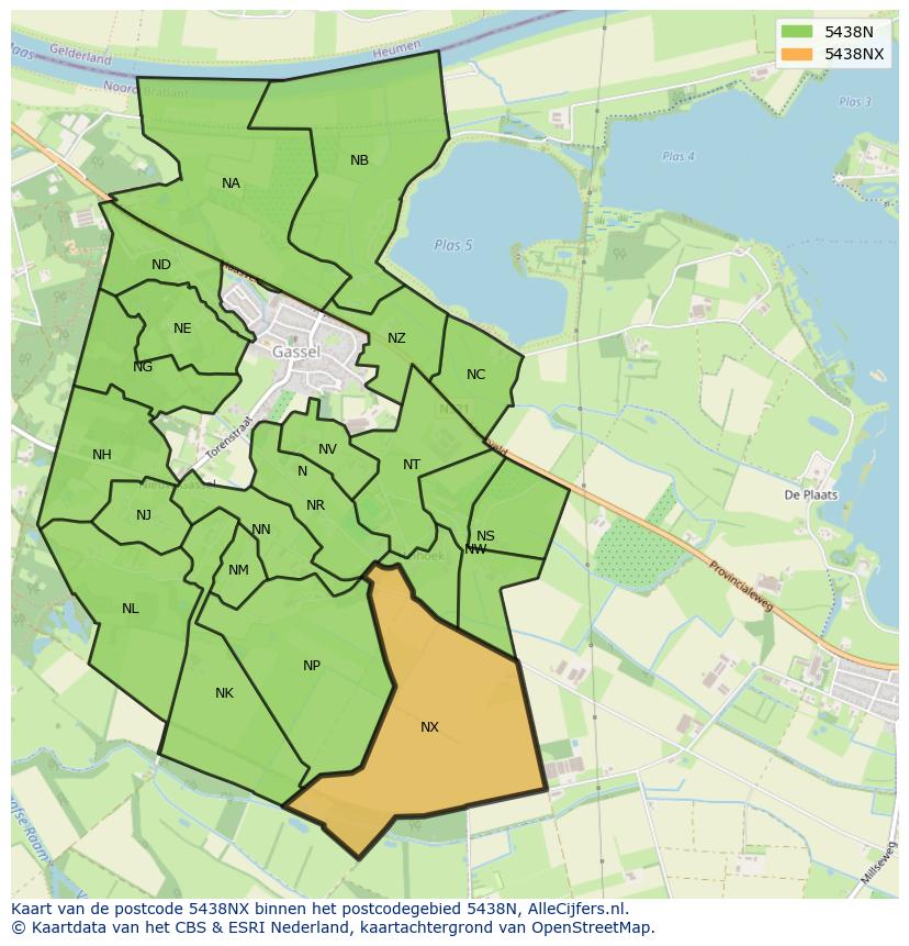 Afbeelding van het postcodegebied 5438 NX op de kaart.