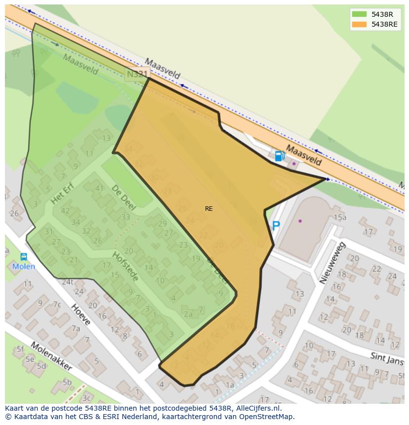 Afbeelding van het postcodegebied 5438 RE op de kaart.