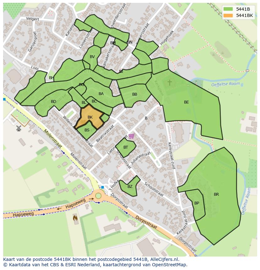 Afbeelding van het postcodegebied 5441 BK op de kaart.