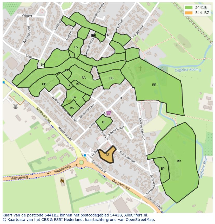 Afbeelding van het postcodegebied 5441 BZ op de kaart.