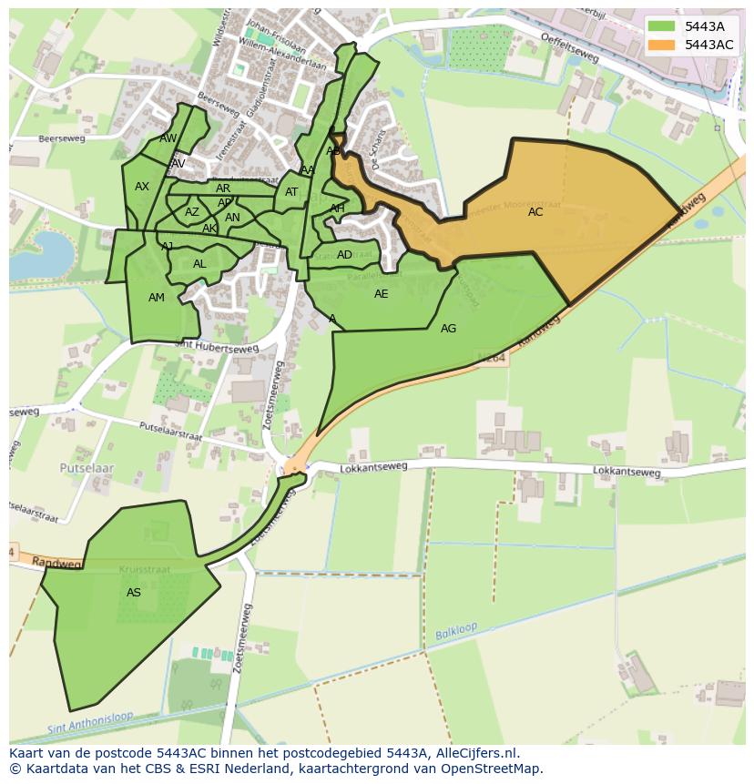 Afbeelding van het postcodegebied 5443 AC op de kaart.