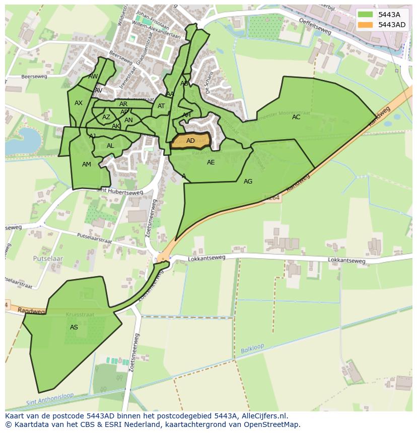 Afbeelding van het postcodegebied 5443 AD op de kaart.