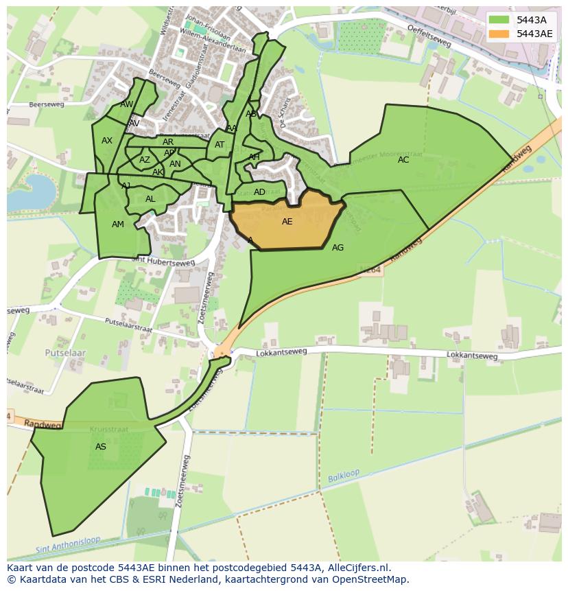 Afbeelding van het postcodegebied 5443 AE op de kaart.