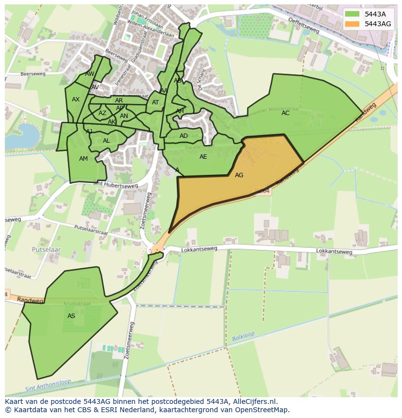 Afbeelding van het postcodegebied 5443 AG op de kaart.