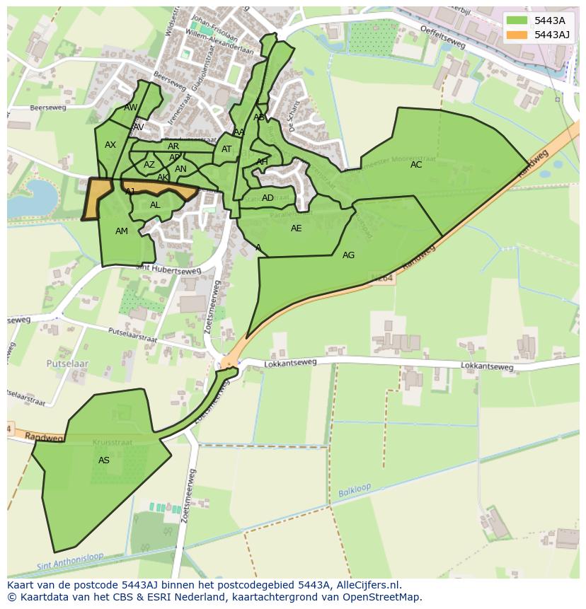 Afbeelding van het postcodegebied 5443 AJ op de kaart.