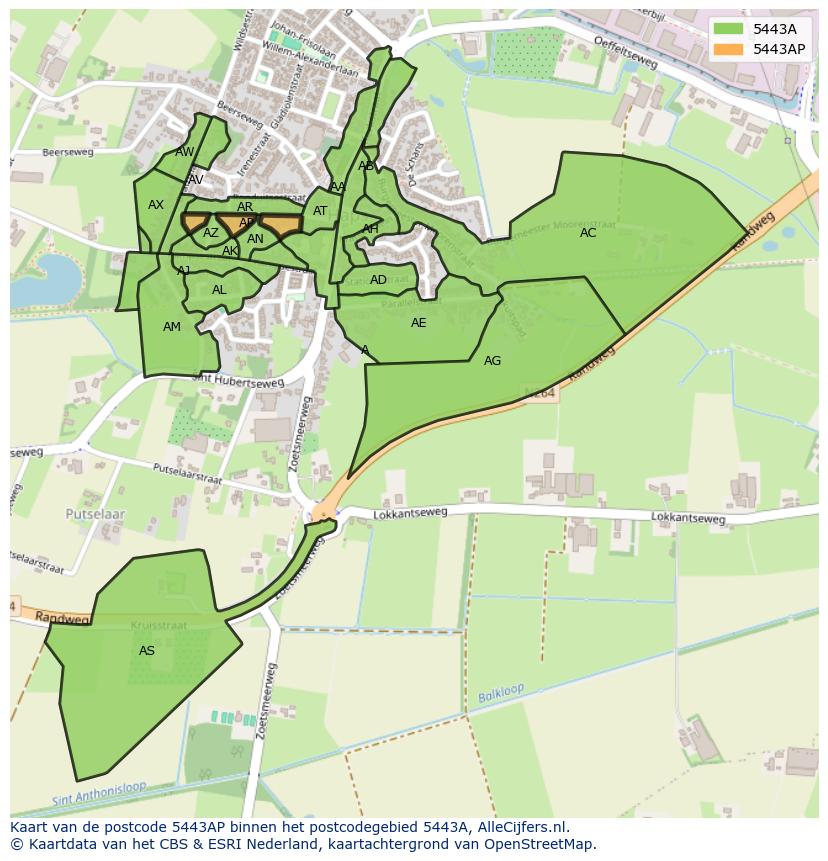 Afbeelding van het postcodegebied 5443 AP op de kaart.