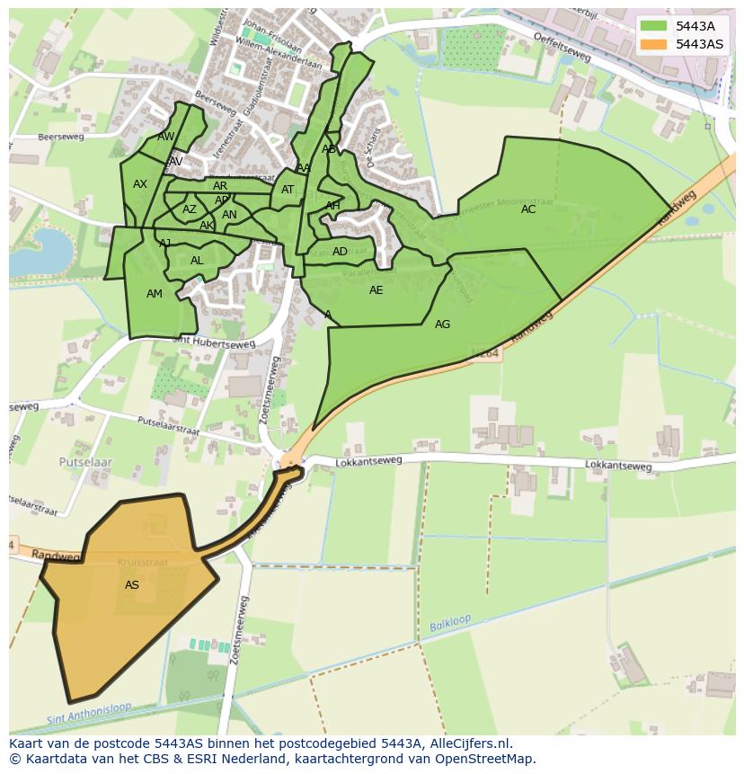 Afbeelding van het postcodegebied 5443 AS op de kaart.