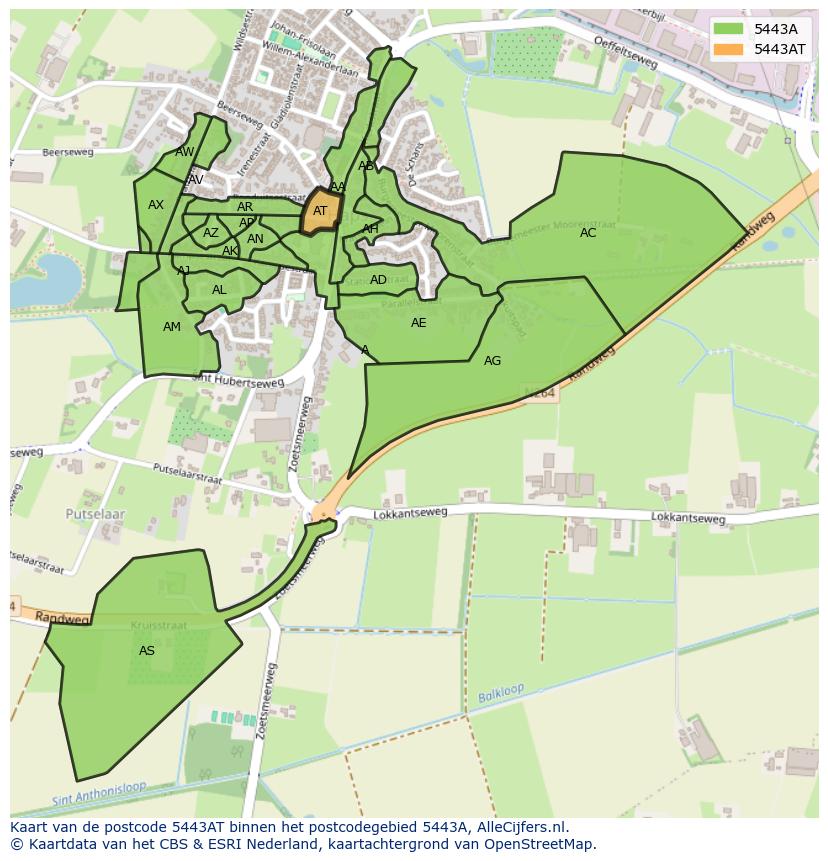Afbeelding van het postcodegebied 5443 AT op de kaart.
