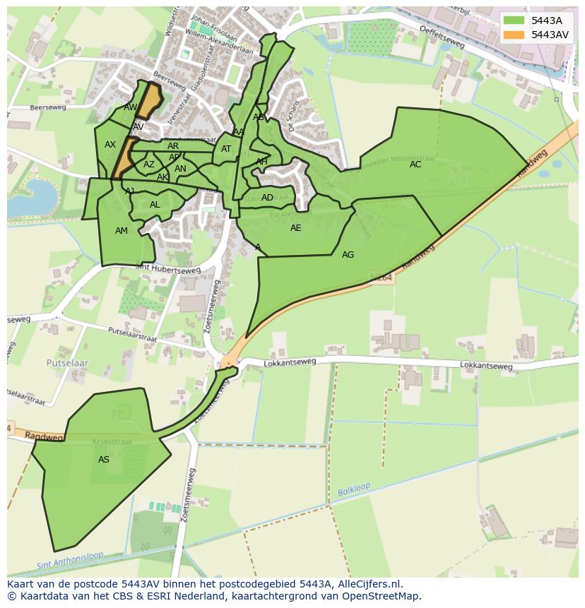 Afbeelding van het postcodegebied 5443 AV op de kaart.
