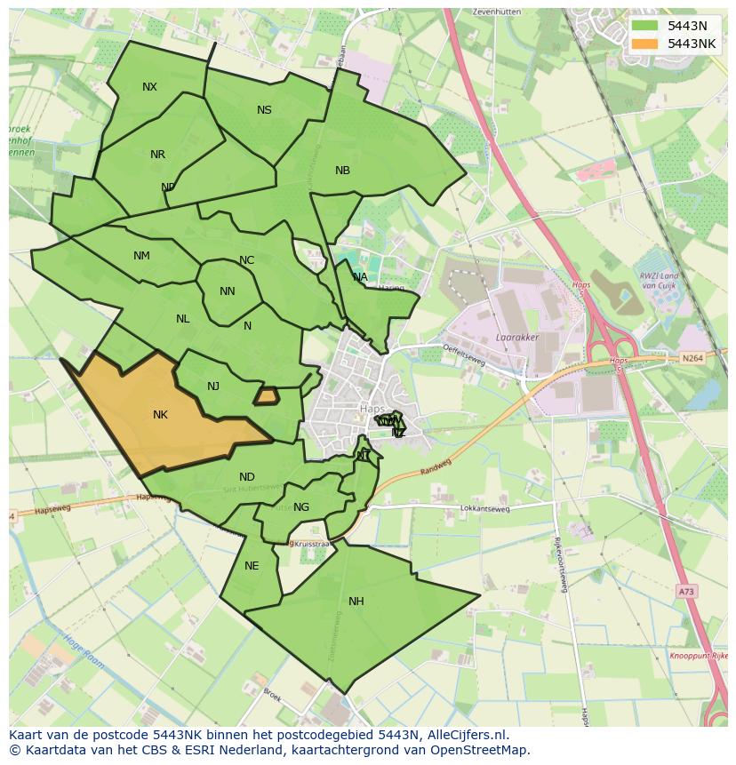 Afbeelding van het postcodegebied 5443 NK op de kaart.