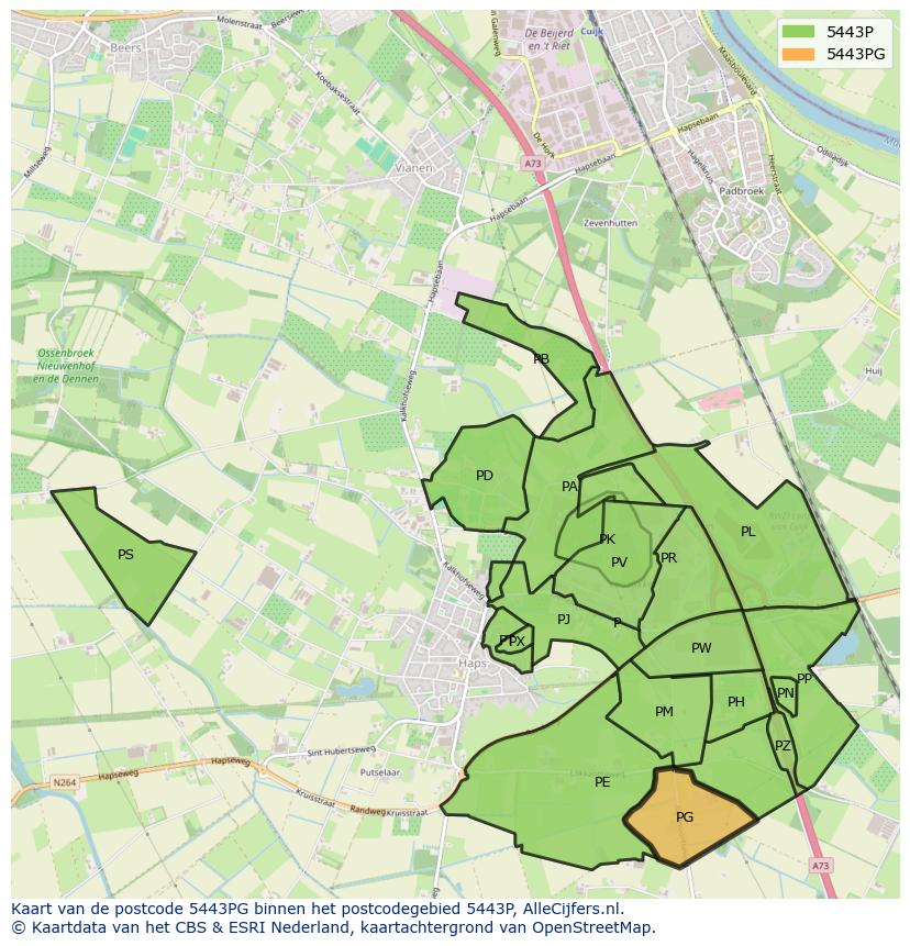 Afbeelding van het postcodegebied 5443 PG op de kaart.