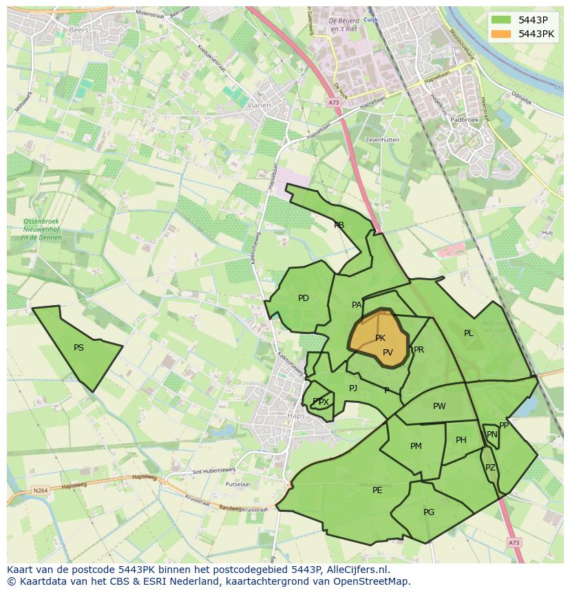 Afbeelding van het postcodegebied 5443 PK op de kaart.