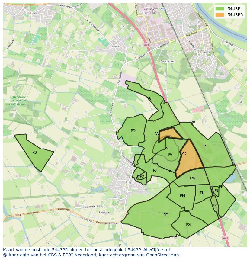 Afbeelding van het postcodegebied 5443 PR op de kaart.