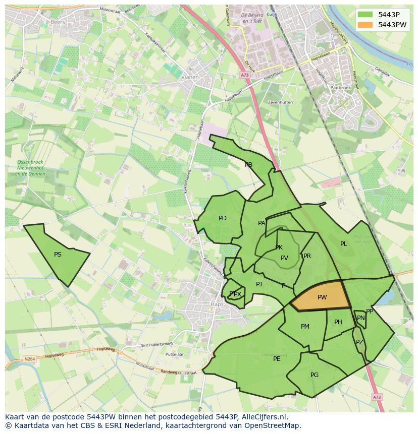 Afbeelding van het postcodegebied 5443 PW op de kaart.